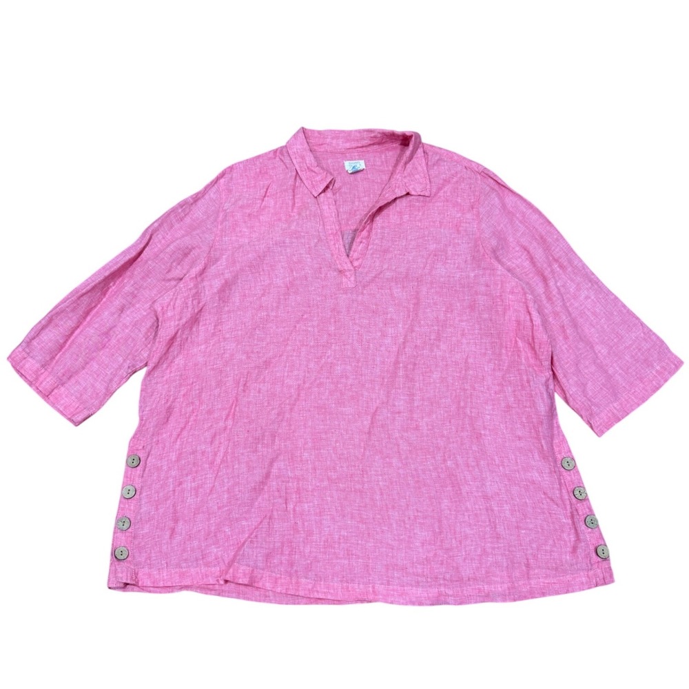 Sigrid Olsen Pink 100% Linen Tunic Top 3/4 Sleeve Side Button Women 1X Coastal